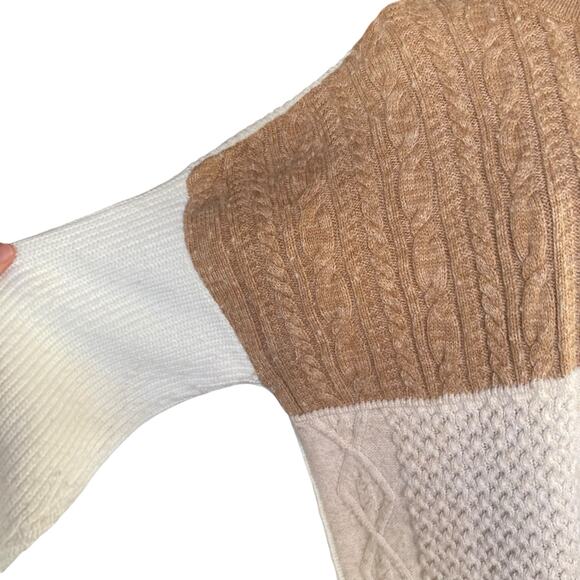 Lands End White Beige Colorblock Cable Knit Oversize Fisherman Sweater Sz Large - Picture 13 of 16